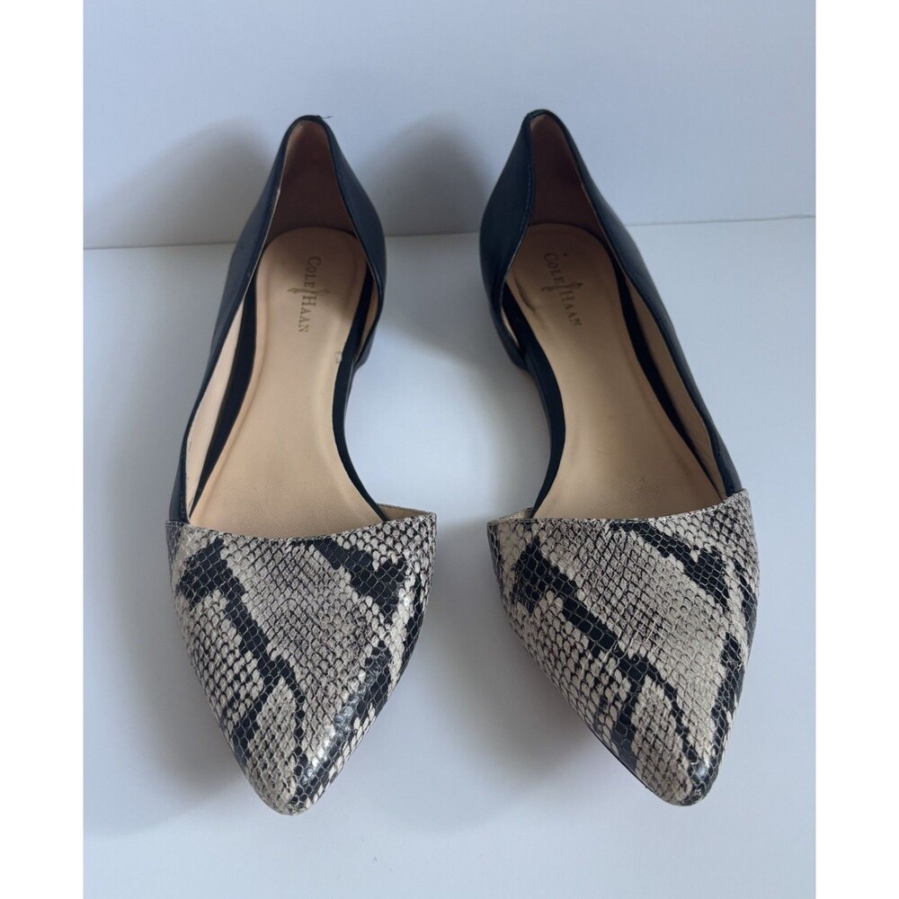Cole Haan SZ 8B Black Leather Snakeskin Print Pointy Toe Amalia D'orsay Flats